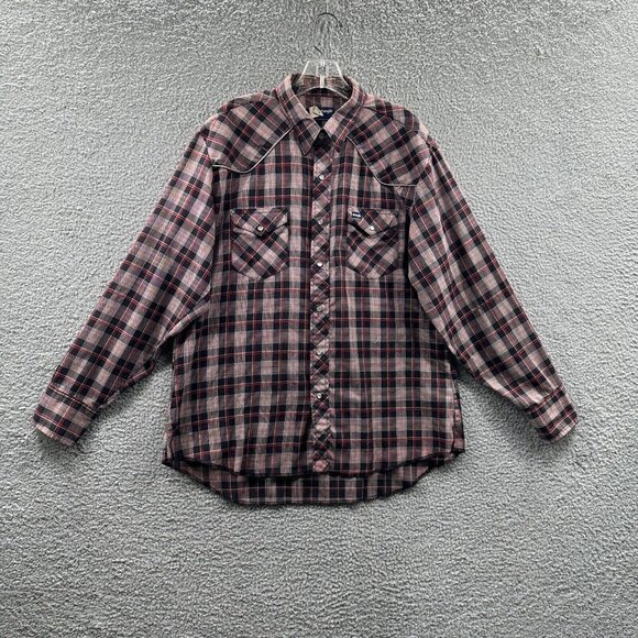 Wrangler Mens Western Shirt Extra Large Red Black Plaid Long Sleeve‎ Pearl Snap - Picture 1 of 14